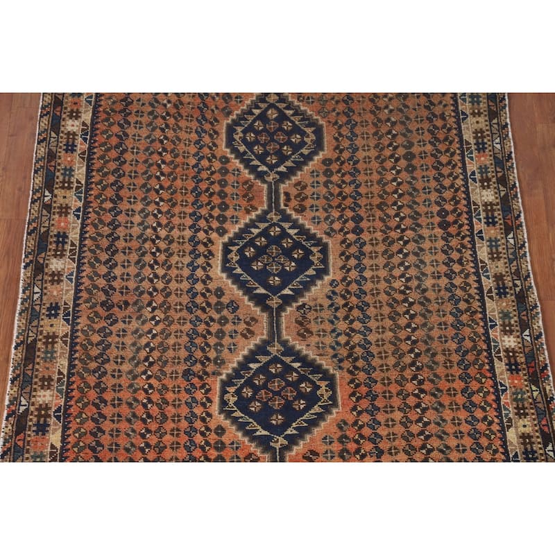 Geometric Shiraz Persian Vintage Area Rug Hand-Knotted Wool Carpet - 4'9"x 6'0"