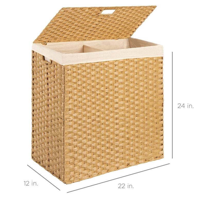 Natural Wicker Folding Laundry Hamper with 2 Bins and Linen Liner - 22 inches L x 12 inches W x 24 inches H