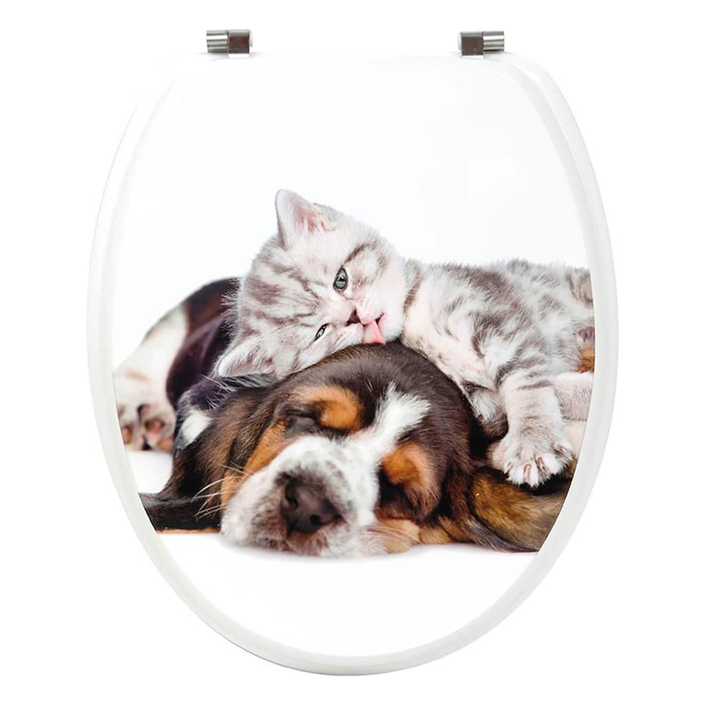 18-Inch White Elongated Toilet Seat With Puppy And Kitten Print - 17.5 L x 14.7 W x 2 H