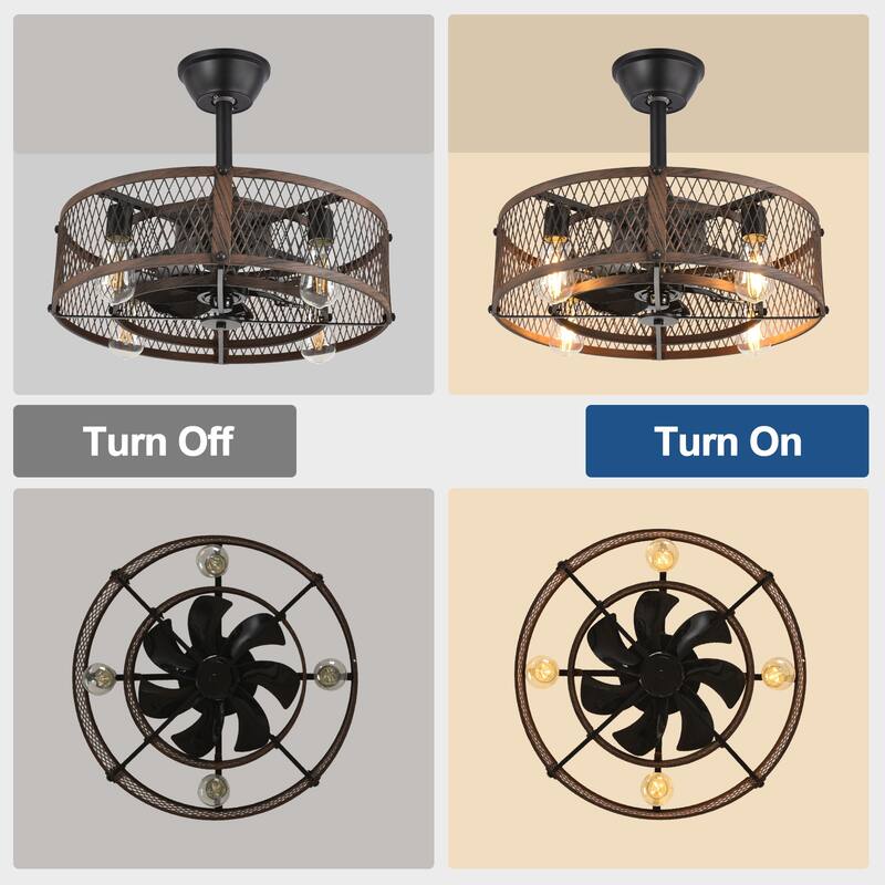 20-26" Caged outdoor Ceiling Fan with Light: Remote App Control-Farmhouse Fandelier Flush Mount Fixture Reversible 6 Speed Timer