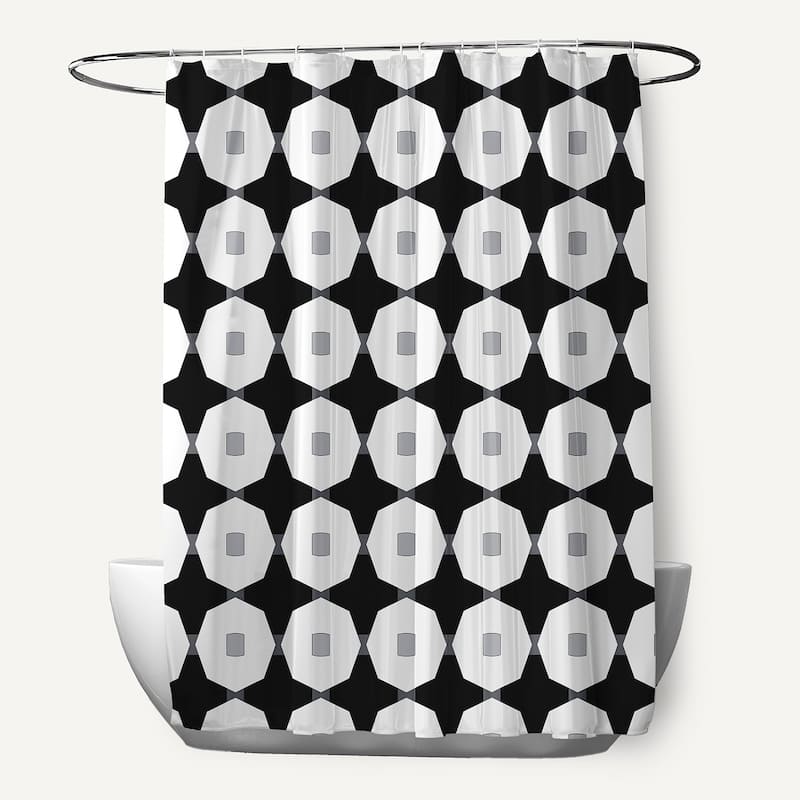 Button Up Geometric Print Shower Curtain - Black