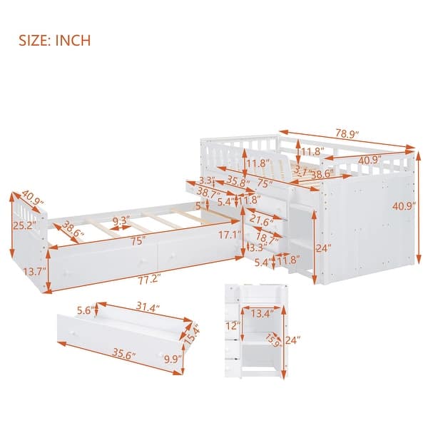 L-Shaped Space-Saving Twin Loft and Twin Platform Bed with 7 Drawers and Full Guardrails, Wooden Bedframe for Boys Girls, White