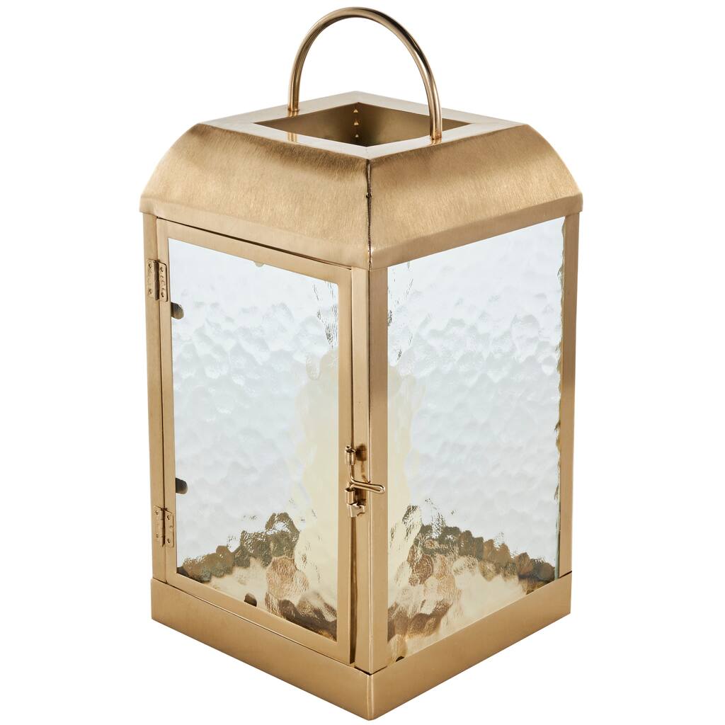 Metal Candle Lantern with Pebbled Glass - Gold - Roche River Decor - 8"W x 8"L x 16"H