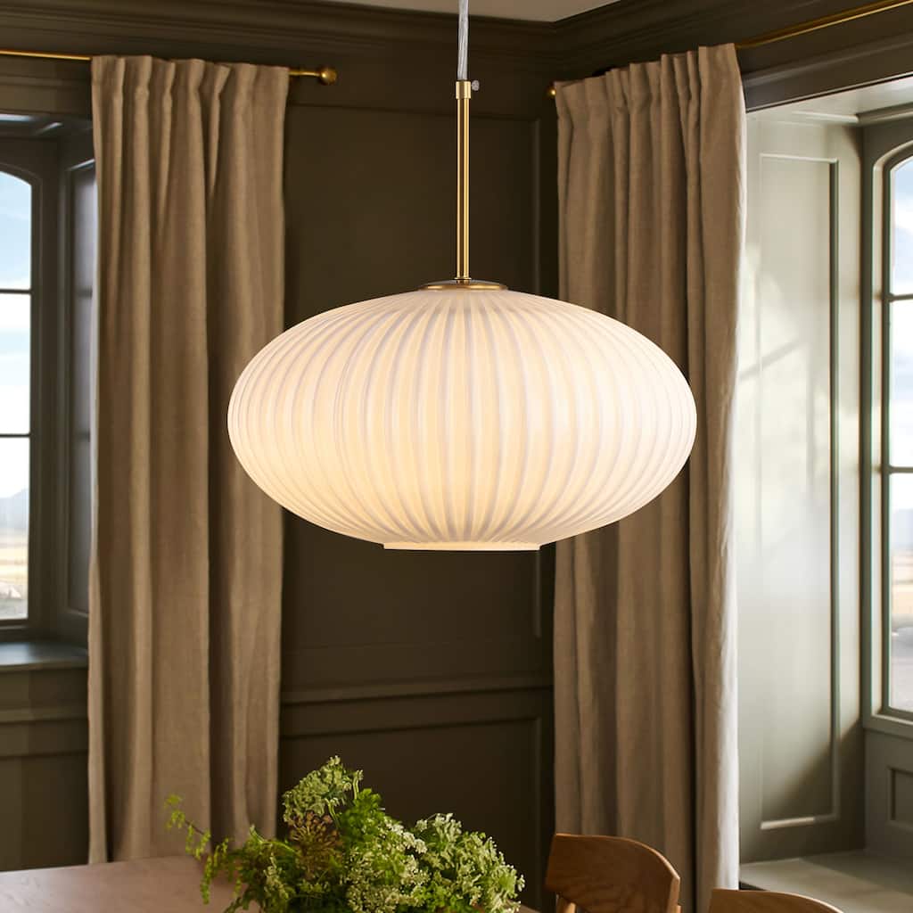 Rennnsan 1-Light Brass Ribbed Opal Glass Pendant for Dining Room - 1 Light