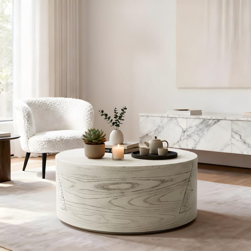 28" Round MGO Coffee Table with a Natural Stone & Wood-Look Finish - Ivory Oak Travertine