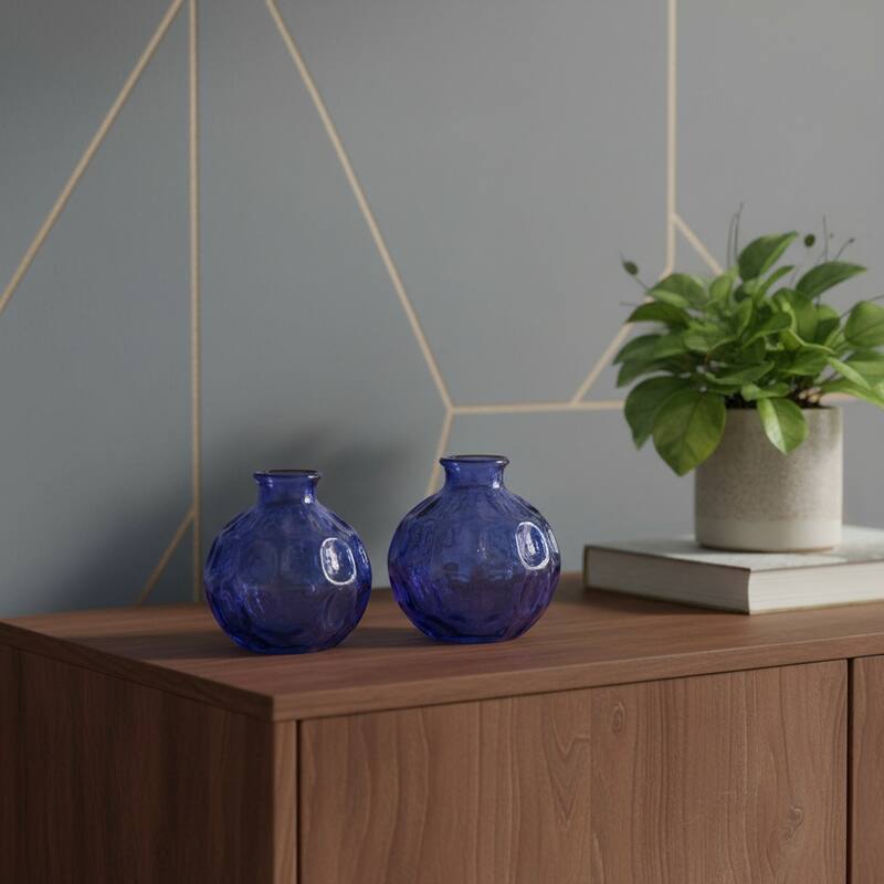Set of Two Blue Glass Round Table Vases - 4.25 - Blue - 4.25