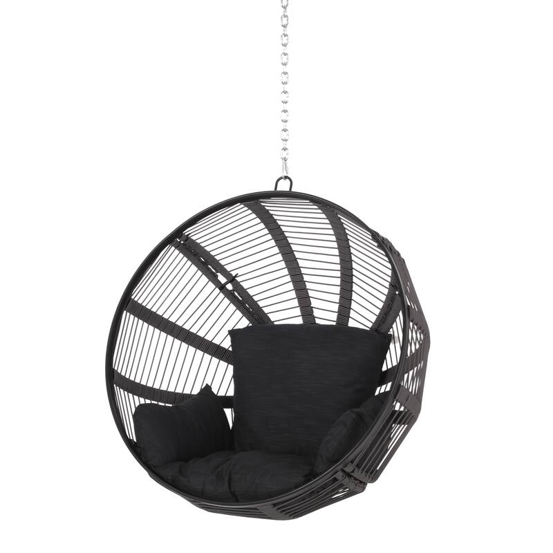 Roomfitters Modern Round Hanging Basket Swing, Large Spherical Wicker Frame with Plush Cushions for Outdoor Patio Seating, Black