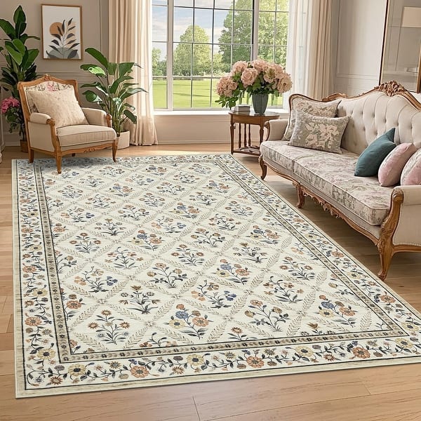 Floral Area Rugs for Living Room Bedroom Soft Farmhouse Washable Rug Non-Slip Low Pile Accent Carpet - 8'x10' - Beige