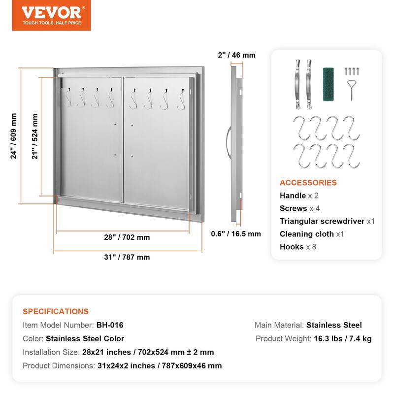 VEVOR BBQ Access Door, Stainless Steel Flush Mount, with Handles and Hooks