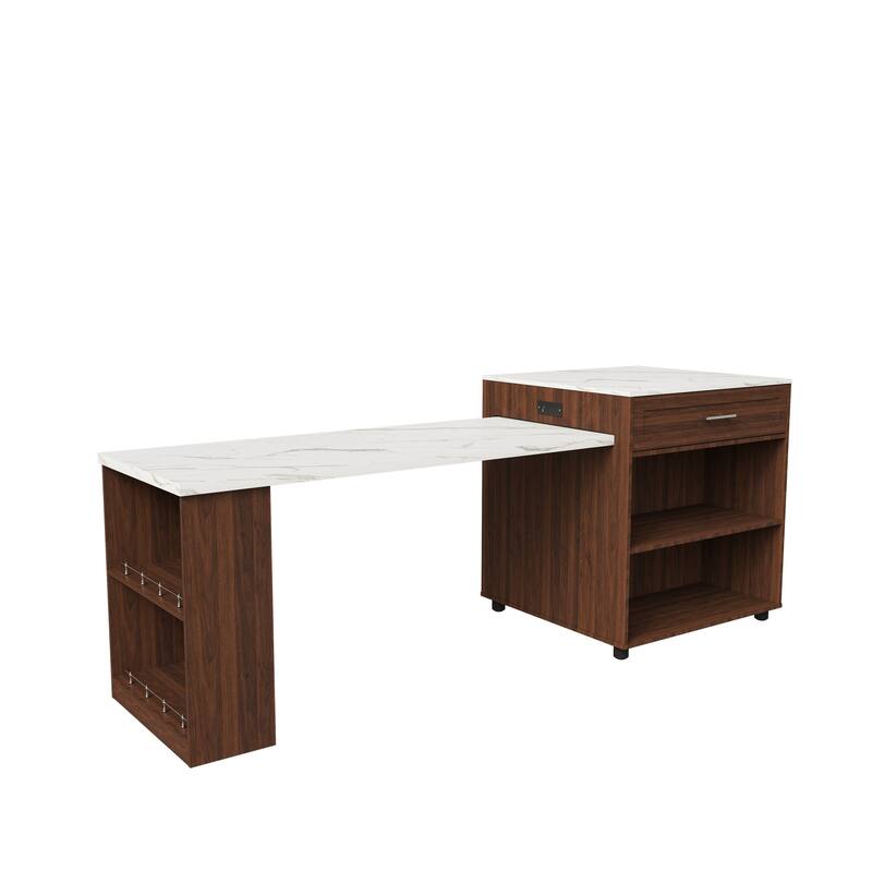 80-Inch Expandable Mobile Kitchen Island with Dining Table, Marble-Grain Top & Power Outlet