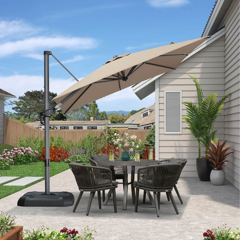PURPLE LEAF 9 ft 360 Degree Rotation Patio Umbrella With Base - Taupe