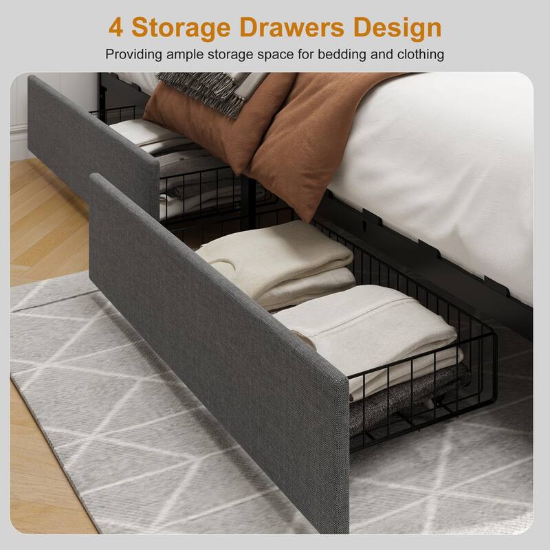 Platform Bed Frame, Fabric Upholstered with 4 Storage Drawers