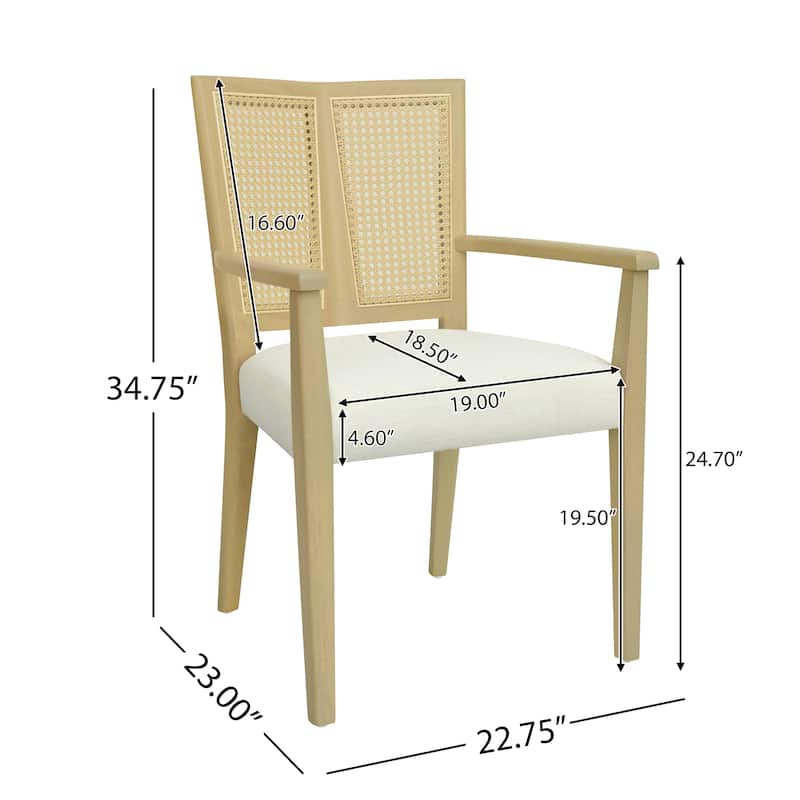 2-Piece Mid-Century Dining Chair Set, Rattan Backrest Accent Chairs Modern Upholstered Armchairs with Wooden Frame