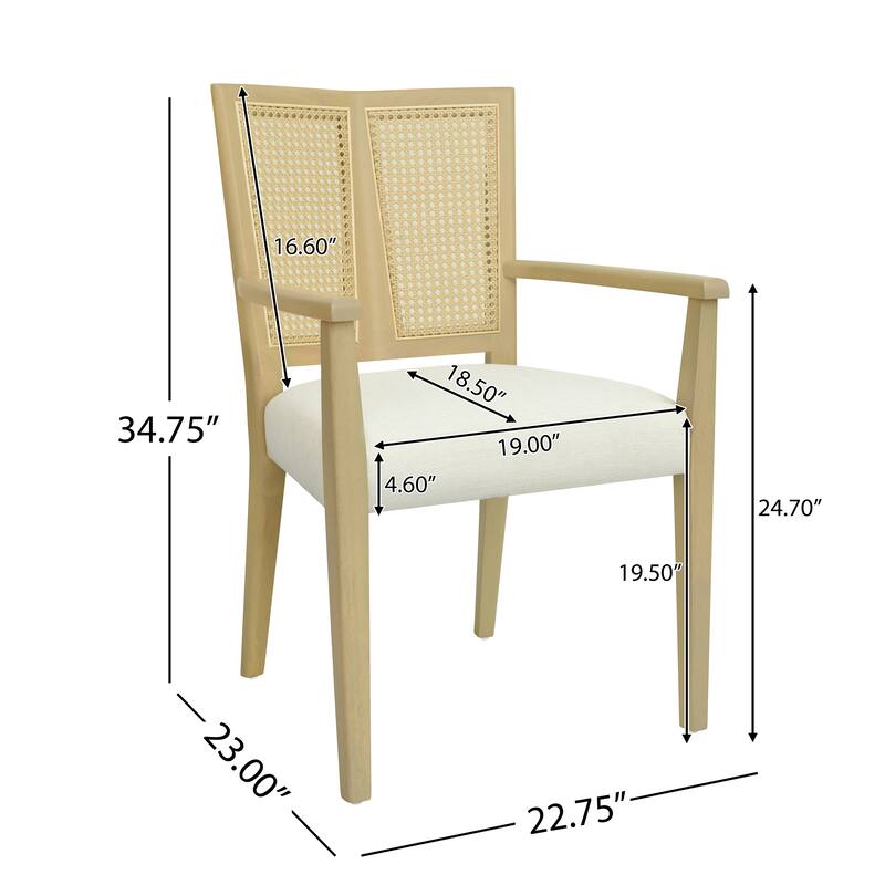Set of 2 Modern Wooden Arm Dining Chairs with Rattan Backrest, Upholstered Fabric Seat, Rubberwood Frame
