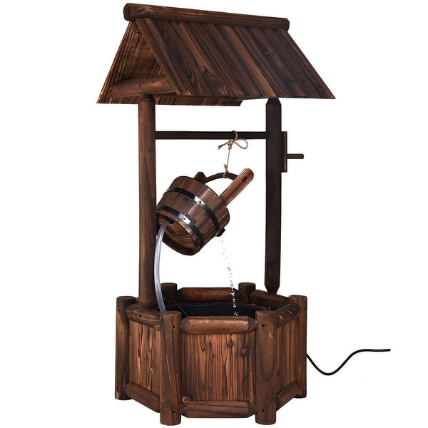 Patio Garden Wood Barrel Water Fountain Well W/Pump Black Knob Backyard Decor 