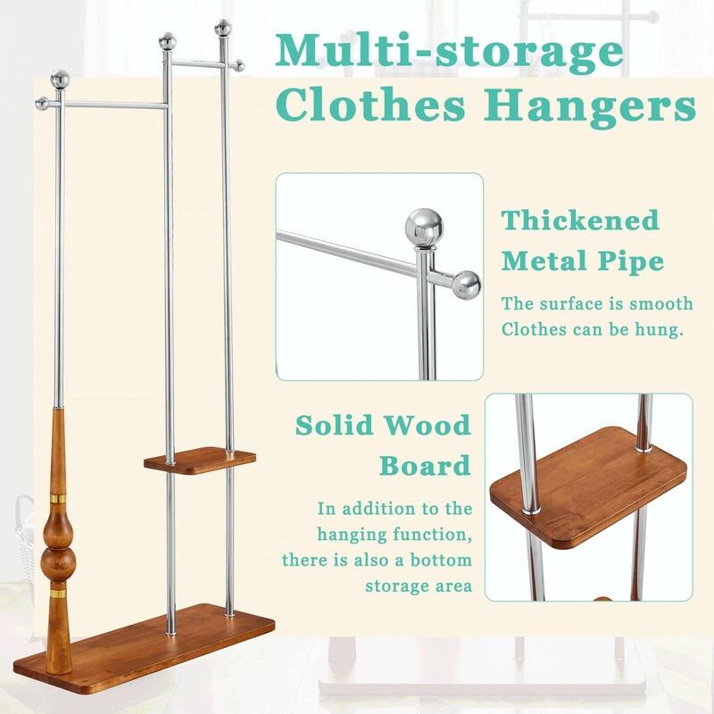 70" Tall Industrial Coat Rack for Entryway, Solid Wood & Stainless Steel, Double Layer Hanging Rack