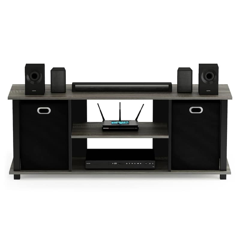 Porch & Den Tompkins Black MDF Entertainment Center with Storage Bins - french oak grey/black