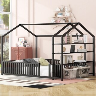 Black Full Size Metal House Bed with Fence and Detachable Storage Shelves