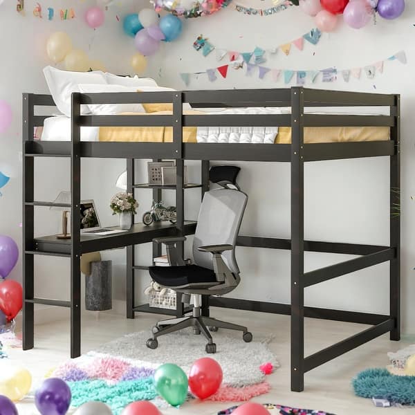 slide 2 of 10, Modern Full Size Loft Bed With Desk And Shelves,Space Storage for Bedroom Espresso