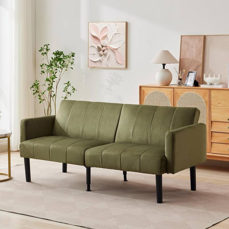 75.5” Convertible Futon Sofa Bed, Linen Flannel Small Couch Sofa with Wood Legs - Green