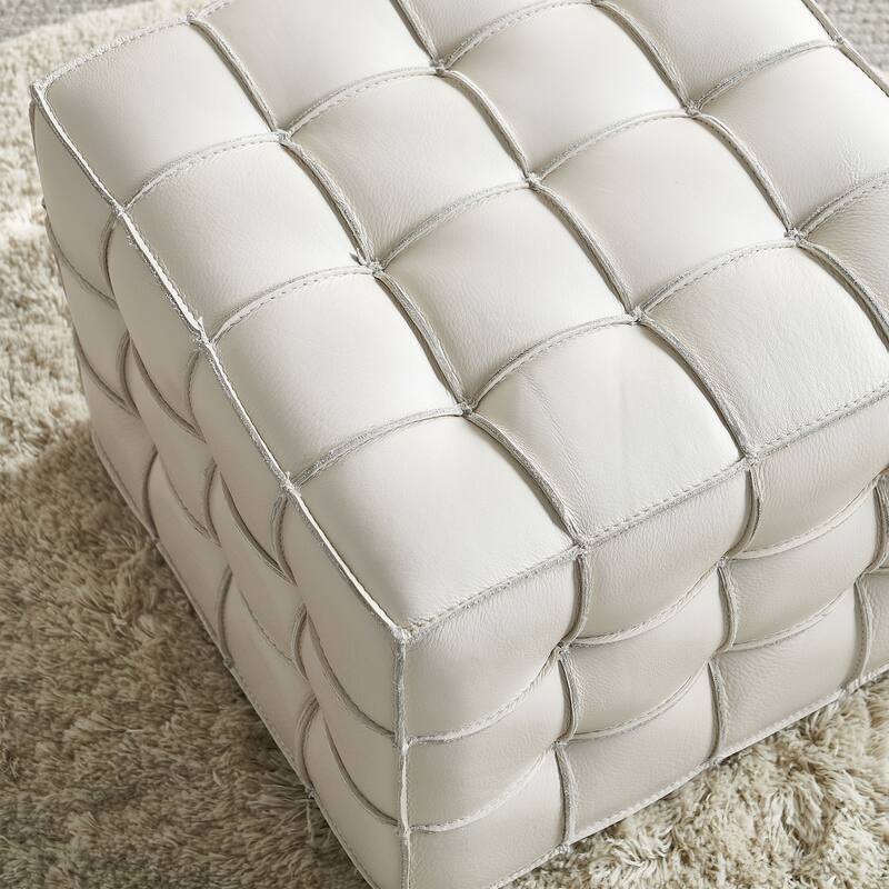 Genuine Leather Tufted Ottoman, High-density Foam Square Footstool, Upholstered Shoe Stool for Living Room, Bedroom
