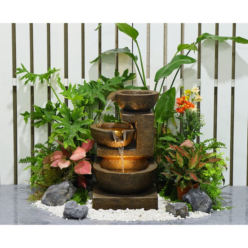 Cascading Bowl Fountain with Dual Warm White LEDs - Brown