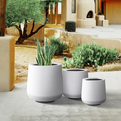 Plantara 17", 13", & 10" H Round Solid White Concrete planter (Set of 3), Outdoor Modern Planter pot,Flower pot for Garden