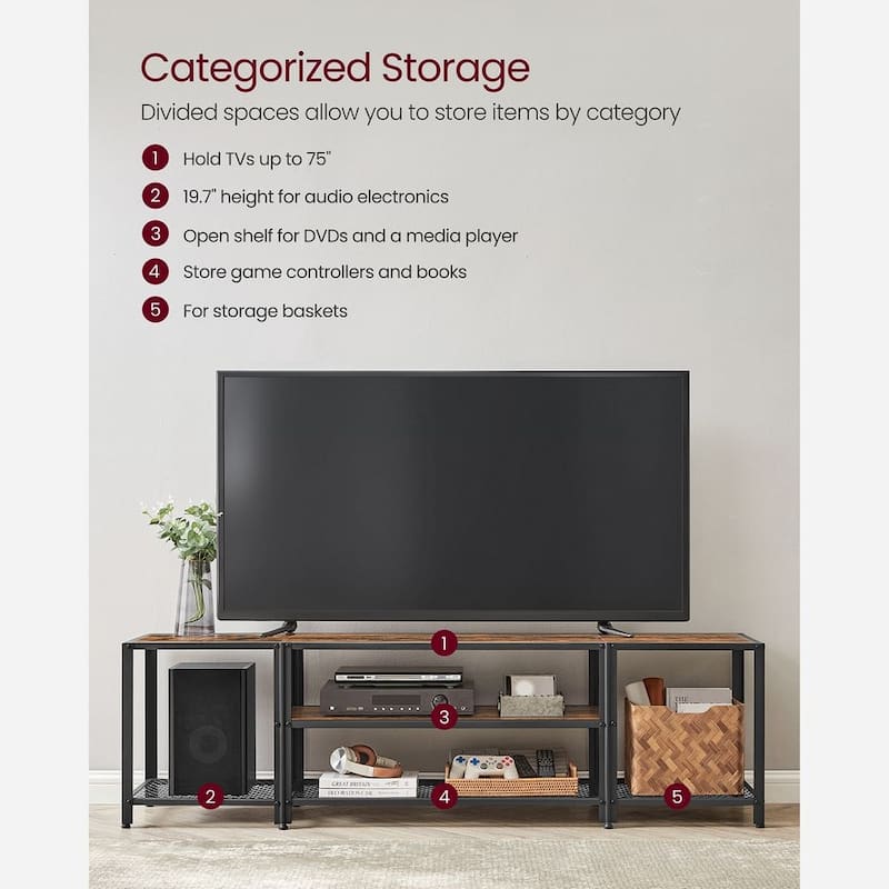 Rustic Brown and Black Industrial TV Stand for TVs up to 75 Inches with Steel Frame and Storage Shelves