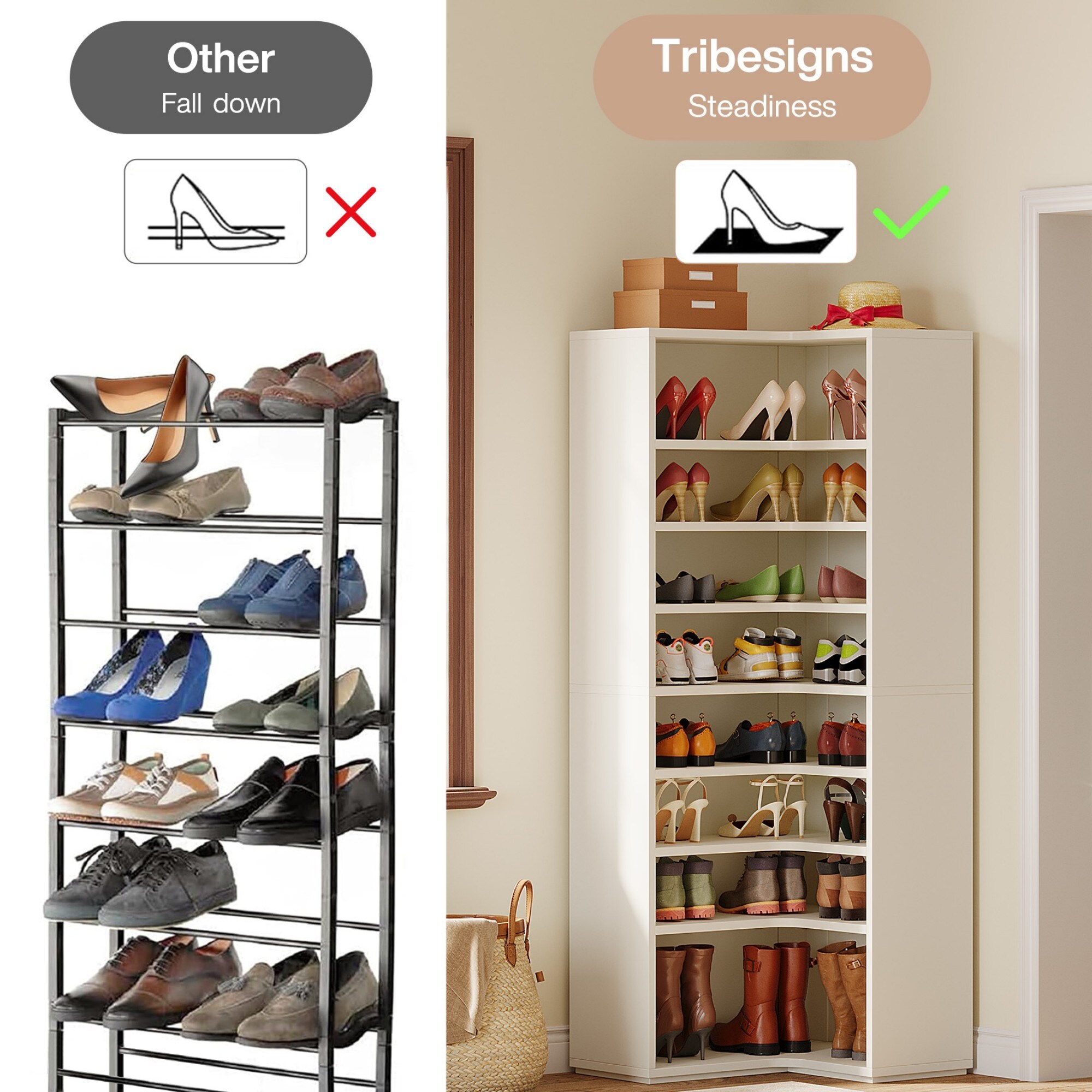Corner Shoe Cabinet for 40-45 Pairs, 9-Tier Tall Shoe