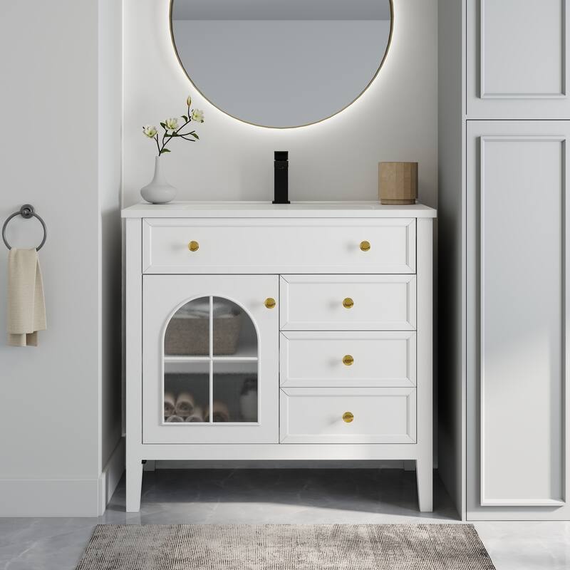 Freestanding 36" Bathroom Vanity Sink Cabinet with Motion-sensor Light Strip, Patterned Glass & Drawers