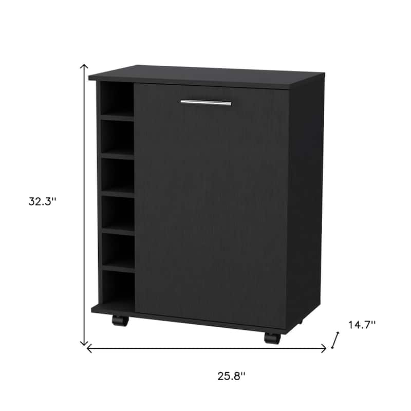 Modern Black Bar Cart with Wine Rack, Cabinet Storage, and Wheels Holds 6 Bottles - 25.8" x 14.7" x 32.3"