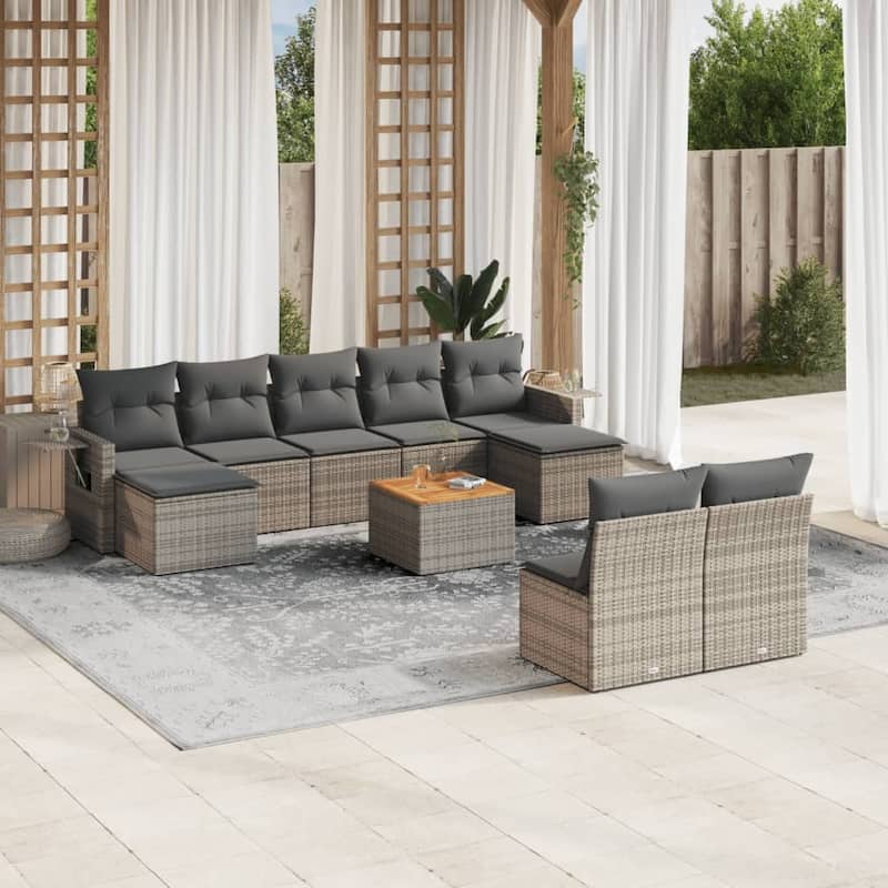 vidaXL Garden Sofa Set 10 Piece with Cushions Outdoor Sofa Set Poly Rattan - 24.4 x 24.4 x 27.2 in (W x L x H) - Grey