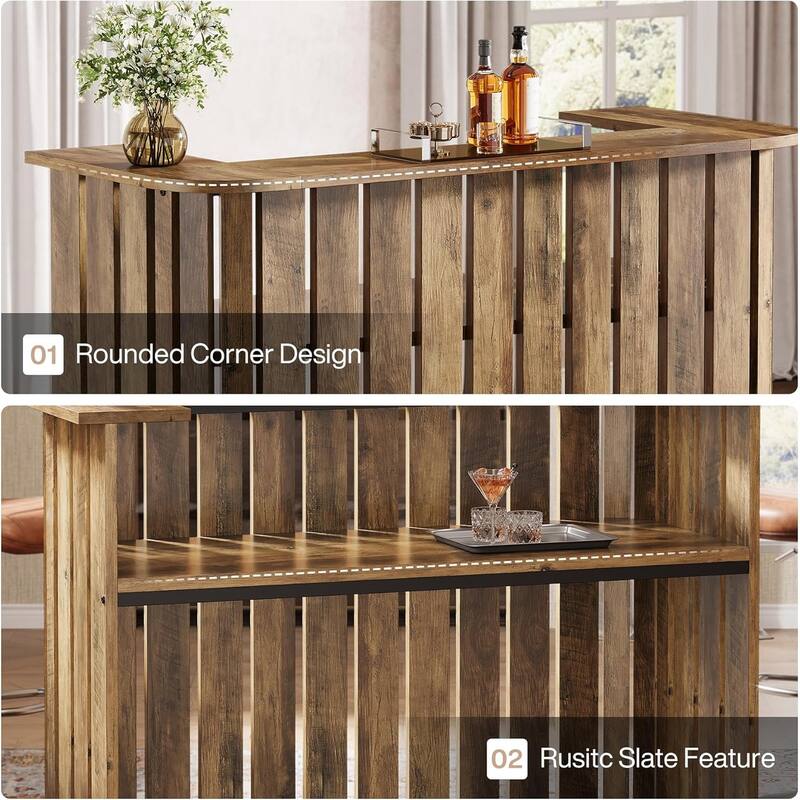 63 Inches Brown Engineered Wood Bar Table with Storage Shelves, 2-Tier Wine Bar Cabinet for Home Pub
