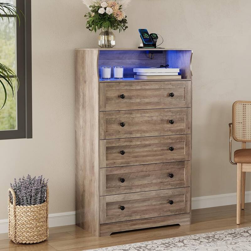 5 Drawer Dresser for Bedroom with Charging Station & LED Lights - Grey