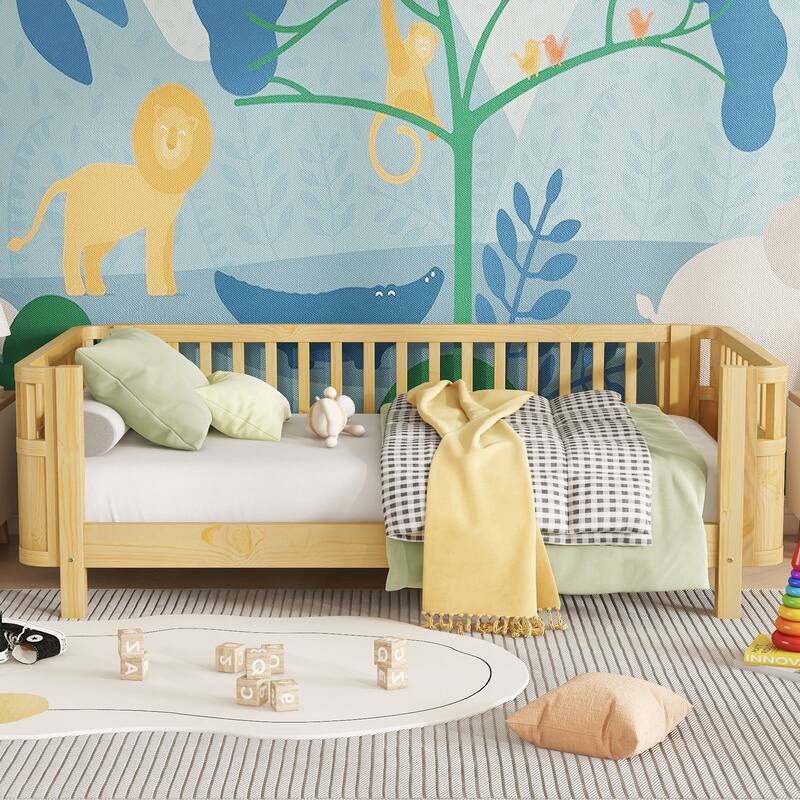 Modern Wood Platform Bed with Safety Rails for Kids