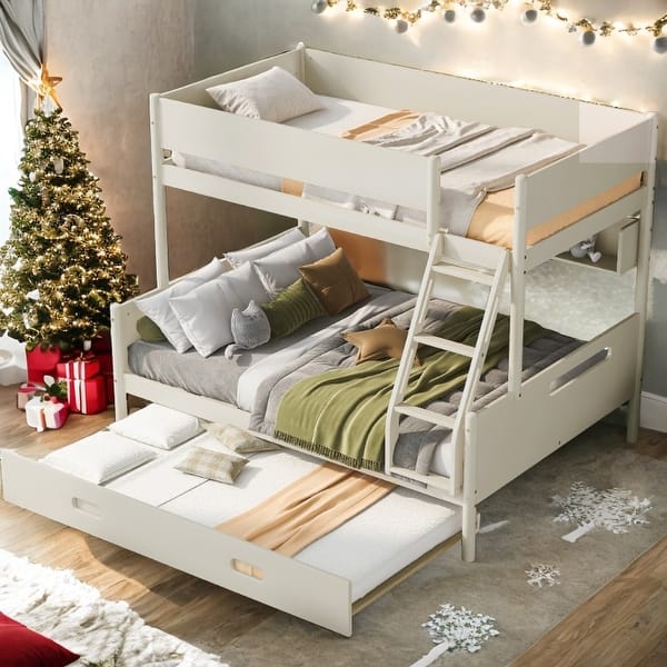 slide 2 of 20, Wood Twin over Full Bunk Bed with Storage Shelves and Twin Size Trundle