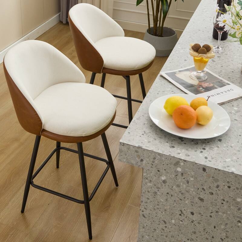 26" Swivel Leather Bar Stools Set of 2, Counter Height PU Leather / Linen Fabric Upholstered Barstool with Metal Legs