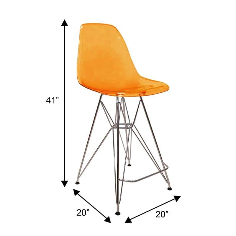 Cresco Sleek Modern Acrylic in Steel Frame Barstool with Built-In Footrest for Kitchen Island Home Bar or Dining Room Seating