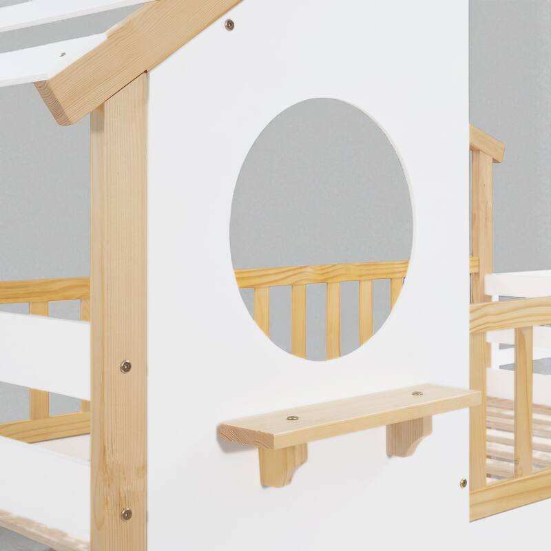 Stairway Twin Over Twin House Bunk Bed with Round Window, Storage Drawers and Shelf, Natural and White Finish