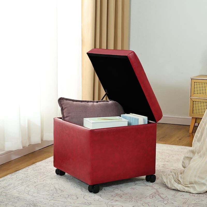 Adeco Bonded Leather Storage Ottoman Square Tufted Cube Footstool