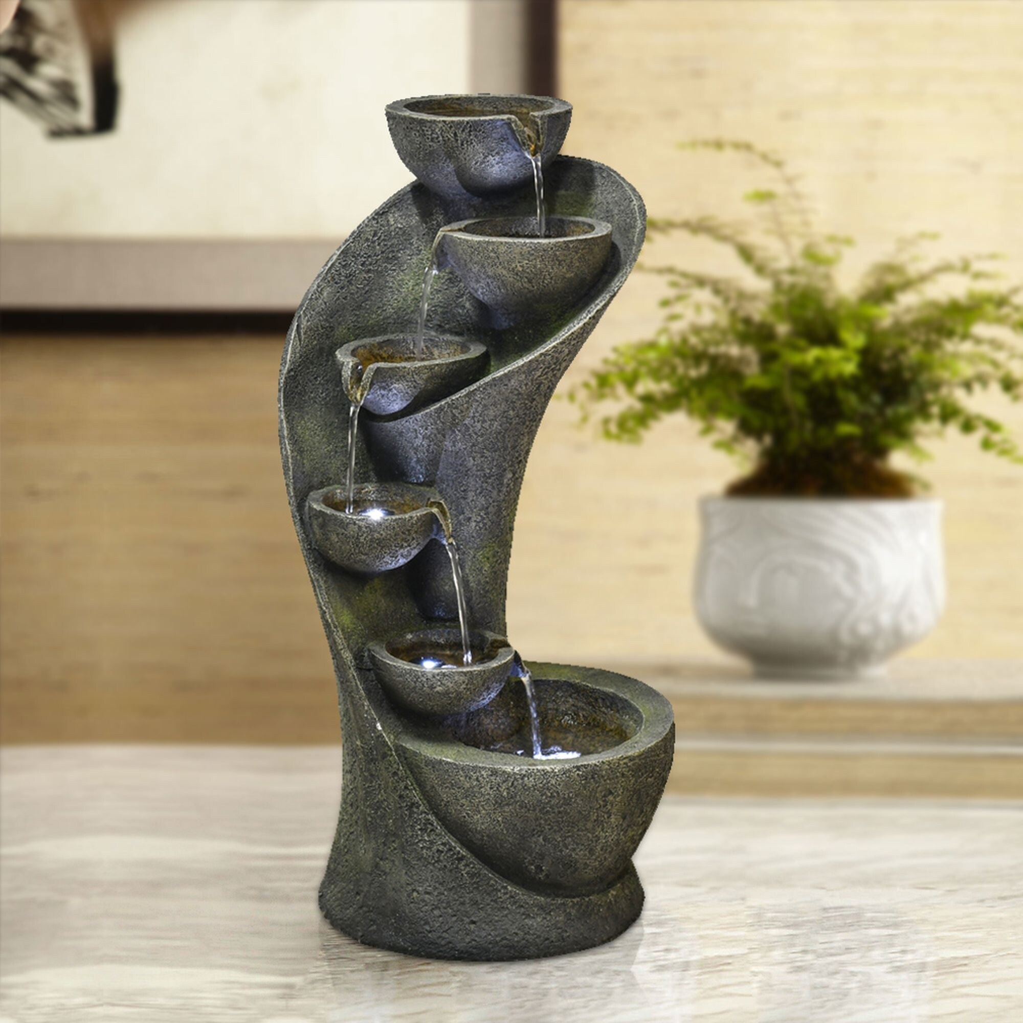 23.6'' 6 Tier Curved Water Fountain with Lights Outdoor - Bed Bath