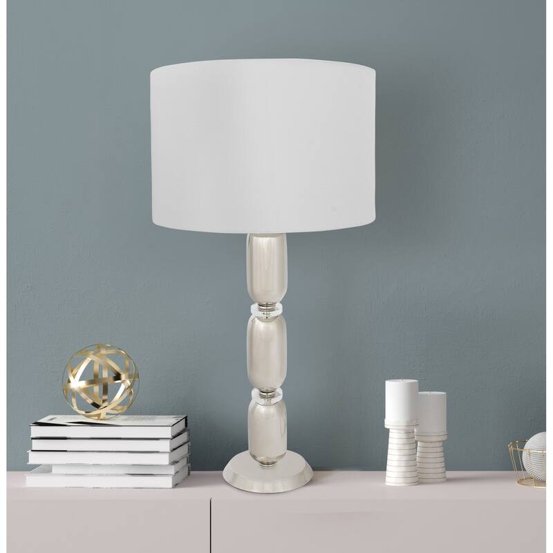 Modern Stacked Metal Table Lamp with Glass Accents and Linen Shade
