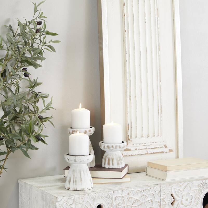 Black Wood Short Wide Distressed Decorative Candle Holder (Set of 3)