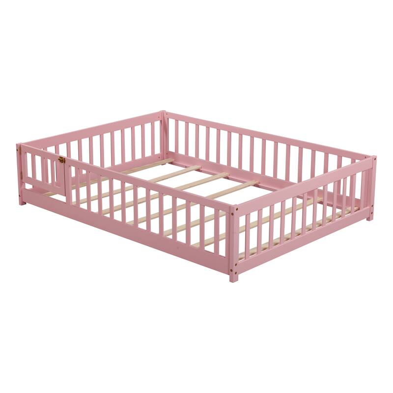 Floor Bed with Fence,Door and Safety Guardrails,Perfect for Kids' Play,Sleep and Development