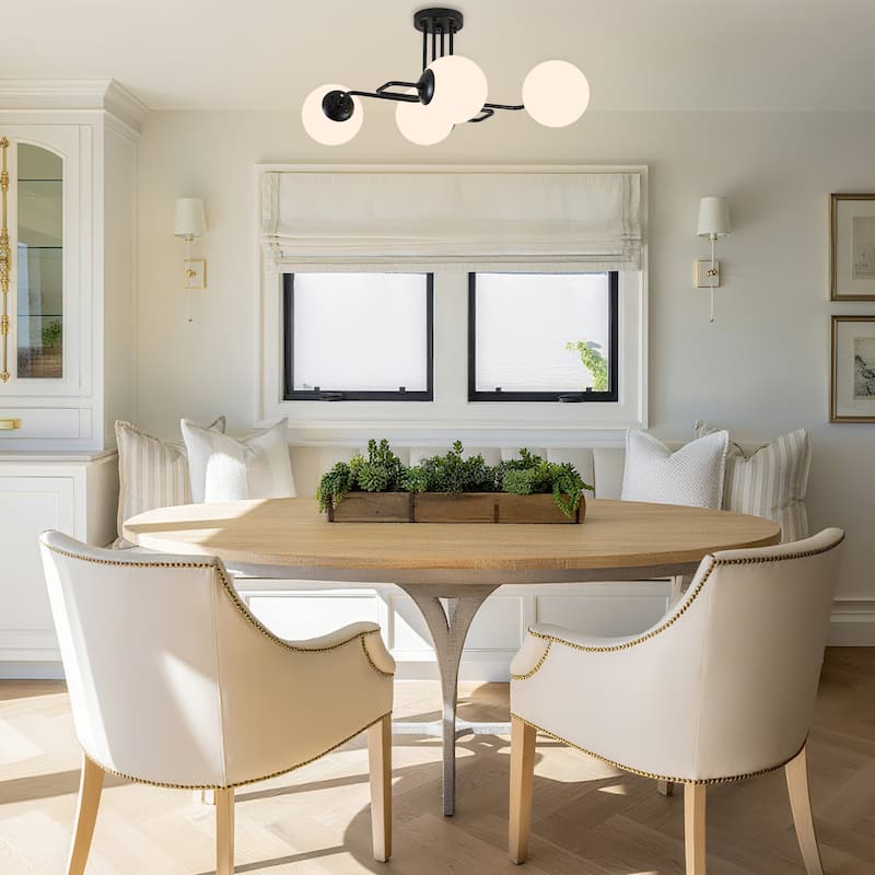Mid - Century Modern 4 - Light Chandelier, Brass Frame with Glass Globes