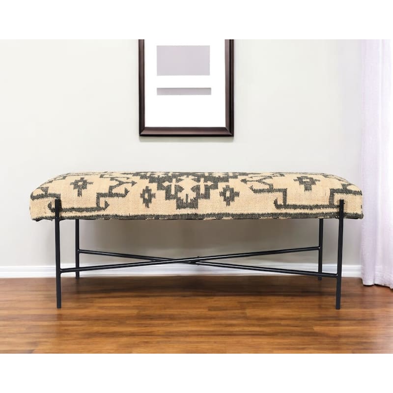 HomeRoots 48" Cream and Black Cotton Blend Upholstered Southwest Bench - 48' X '18' X '16 - 48' X '18' X '16 - Cream