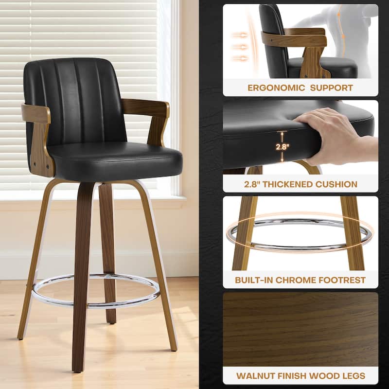 Upholstered Wood Swivel Counter Height Barstool with Arms