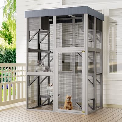 70.5"H Wood Catio Outdoor Cat Enclosure, Cat House Large Solid Wood Cage Playpen with 2 Napping Houses, Movable Tarp Cover