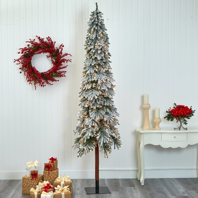 9ft Flocked Christmas Tree with Lights - Artificial Alpine Tree, Holiday Decor - Green - 108