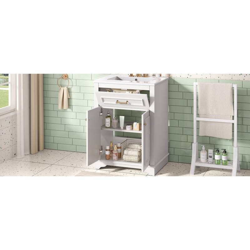 24" Bathroom Vanity with Integrated Ceramic Sink, Bathroom Cabinet with 2 Doors, 1 Tip-Out Drawer